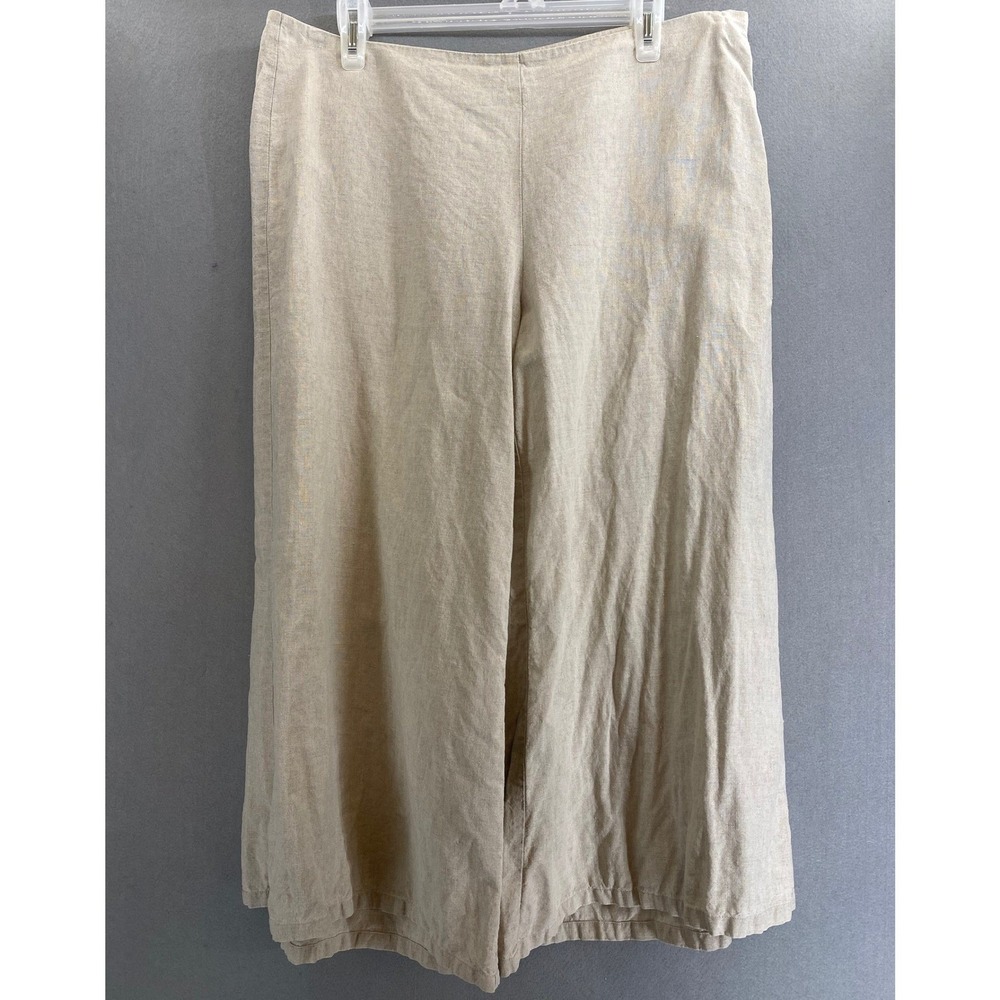 Eileen Fisher Womens Large Oatmeal color 100% Linen Wide Leg Side Zip Pants